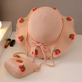 Pink straw hat and matching crossbody bag set with cherry embroidery for young girls - Cherry Straw Hat Set / Pink