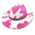 Pink and white cow print plush cowboy hat with turquoise western belt trim, 45-degree angle - M (56-58cm) / Creased Flat Top / Rose Red