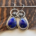 Ethnic silver hook earrings with lapis lazuli stones and engraved star motifs - S581 Starburst Lapis Lazuli