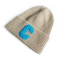 Beige ribbed knit beanie featuring a bold blue letter C patch on the folded cuff - Light Khaki