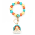 Rainbow silicone bead bracelet keychain with blue orange yellow beads and white tassel - Turquoise Green