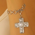 Silver cross bracelet with baroque texture and white pearls featuring a toggle clasp - Silver Bracelet (Pearl Cross A-14)