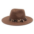 Dark brown straw fedora hat with leopard print ribbon bow for summer sun protection - M (56-58cm) / Brown