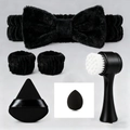 6-piece black coral fleece bow headband set with wristbands and makeup tools - Beauty Care Set (6 Pieces) / Black