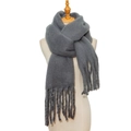 Close-up of thick grey mohair scarf showing soft knit texture and fringe detail - Gray