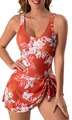 Detail of one-piece swimsuit with matching sarong featuring orange floral prints - XS / Top And Bottom / Red Tie-Dye Print