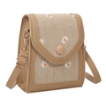 Beige straw woven crossbody bag with daisy embroidery and adjustable leather strap - Khaki