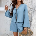 Women's 2-piece linen blend set in blue with V-neck long sleeve top and shorts - S / Blue