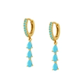 Macro detail of gold hoop earrings with three teardrop-shaped turquoise zircon stones - Turquoise