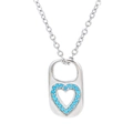 Silver lock heart pendant necklace featuring micro-inset turquoise blue stones - Platinum Plated - Blue Zirconia