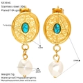 Detail showing dimensions of fan-shaped turquoise pearl earrings in 18k gold plating - Radiant Round Turquoise Style (SE359G)