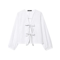 White poplin long sleeve shirt with black contrast stitching and decorative bow ties - XS / White