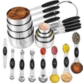 12-piece stainless steel measuring cups and spoons set with black silicone handles - 16-Piece Measuring Cup and Spoon Set (Black)