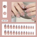 Pink press-on nails with lilac French tips and white flower patterns, model W1597 - W1597 Fresh French