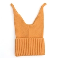 Detail of orange ribbed knit winter hat with cute cat ears and folded brim design - Yellow