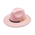 Pink wide brim felt fedora hat featuring a black faux leather band and gold leaf buckle - M (56-58cm) / Pink