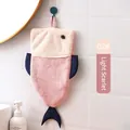 Cute pink and beige fish-shaped coral fleece hand towel with hanging loop and soft texture - I Am Fish / Lotus root pink