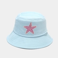 Detail of light blue cotton bucket hat featuring a purple starfish embroidery - M(56-58cm) / Light Blue
