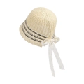 Cappello da sole in maglia crema con strisce nere e fiocco in pizzo bianco da donna - Beige-Nero
