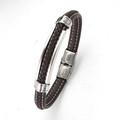 Men's fashion bracelet featuring brown braided leather and silver stainless steel clasp - Dark Brown