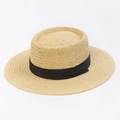 Elegant natural beige flat top boater hat with a classic black ribbon band for women - Indented Crown Straw Hat - Beige with Black Ribbon