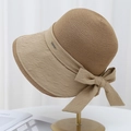 Elegant straw sun hat with large bow and khaki fabric brim for outdoor summer vacation - Khaki