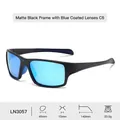 Matte black sports sunglasses with blue mirrored lenses and precise size dimensions - Matte Black Frame Blue Coated Lens C5