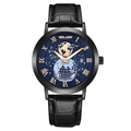 Orologio uomo con quadrante blu terra, cinturino in pelle nera e numeri romani - Quadrante Blu Cassa Nera Cinturino Nero
