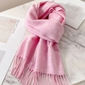 Pink wool-blend knit scarf with fine tassel edges on an elegant marble background - Sakura Pink