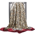 Elegant 90x90cm leopard print silk scarf with golden chain patterns and deep red border - 90x90cm / Wine Red Leopard