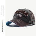 Macro shot of vintage washed canvas baseball cap with 1969 embroidery and distressed holes - Adjustable / Dark Brown Grey Patchwork (1969 Style)