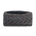 Close-up of chunky knit ear warmer headband with colorful speckles and plush fleece lining - Deep Grey Marl