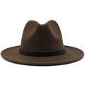 Classic dark brown wide brim wool fedora hat with elegant ribbon trim for women - Coffee