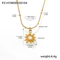 Detail der 18K vergoldeten Edelstahl-Sonnenblumenkette mit Perle und den Abmessungen - Gold Sonnenstrahl Muschelperle Stil (P2147)