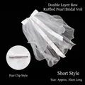 Velo da sposa corto bianco a due strati con perle e fiocco di raso su fermaglio - Stile Perla con Fiocco a Doppio Strato / Stile Fermaglio per Capelli Bianco