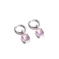 Polished silver stainless steel earrings with pink rectangular crystal glass pendants - Silver Pink
