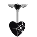 Macro detail of gothic bat heart belly ring with silver spider web pattern inlay - Silver Bat Wing Spider Web Belly Ring (2311110002)
