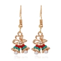 Detail view of festive gold Christmas bell earrings with red green rhinestones and pearls - Bell #32