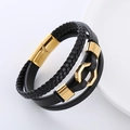 Bracciale multistrato da uomo in pelle nera intrecciata con dettagli esagonali dorati - Oro