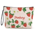 Beige karierte Kosmetiktasche mit Erdbeerdruck und robustem schwarzen Handgelenksband - 17*25cm (Feines Leinen) / Rosa Erdbeer Gingham
