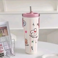 40oz ivory white tumbler with cute cartoon bunny and pink handle including straw - Pink Blue Vertical Stripes - Lovely Day Rabbit