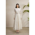 Ivory lace maxi dress with bishop sleeves and high collar in a palace court style - S / Apricot
