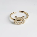 Adjustable 18K gold-plated titanium steel ring with sparkling pave crystals cat-head design - Cat Head Gold