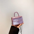 Pink glossy patent leather mini crossbody bag with crocodile texture and silver chain strap - Pink