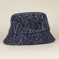 Close-up of dark blue knitted bucket hat with light blue geometric pattern texture - M (56-58cm) / Gray