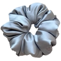 Detail view of large light blue satin scrunchie with soft pleated texture and silky shine - Pearly Satin Grey Blue