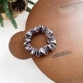 Dark gray satin scrunchie with a glossy silk finish on a rustic wooden tray - Small / Gray