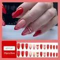 Almond-shaped press-on nails in deep red and nude tones with rhinestones and metal accents - Jelly Glue Type / DZ573-B7 Geometric Line French