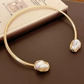 Gold open choker necklace featuring two irregular white baroque pearls on leather - 18# Gold-Pleated Oval Pearl Choker