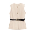 Women's chic beige sleeveless vest with gold buttons and black waist belt - XS / Apricot